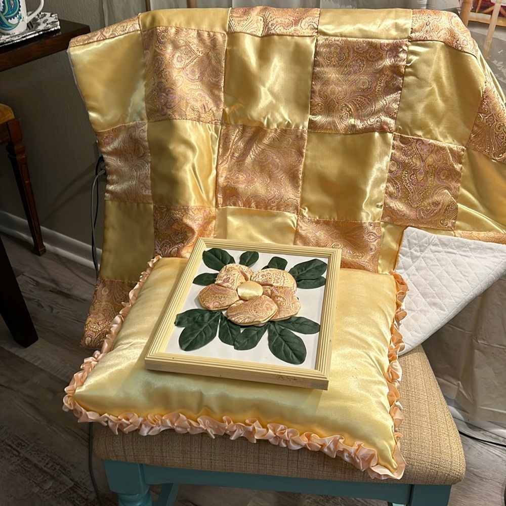 Satin Baby patchwork Quilt with matching pillow and floral picture frame